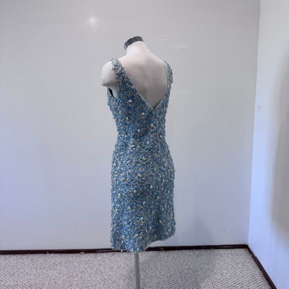 Royal Cathay Vintage Powder Blue Knit Floral Sequin Beaded Dress Size Small - Picture 9 of 9